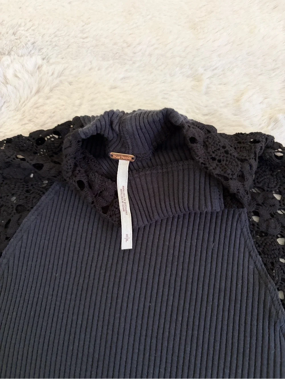 Free People Clemente Mock Neck Crochet Sleeve Top Black Size S